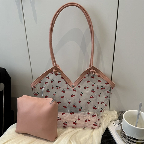 Women Fashion Cherry Print Transparent PVC Tote Bag With Inner Pouch Sweet Casual Large Capacity Shoulder Bag For Travel Daily