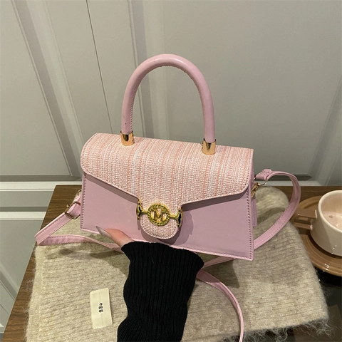 Damen Mode PU Leder Tweed Klappe Handtasche Vintage Kleine Quadratische Tasche Mit Gold M Logo Verschluss Umhängetasche
