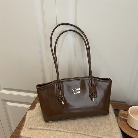 Borsa a Spalla Donna in Pelle PU Lucida Grande Capacità Tote Bag Minimalista Casual Borsa Sottobraccio con Nodo Tracolla