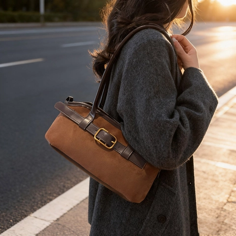 Vintage Suède Onderarmtas Voor Dames Retro Minimalistische Schoudertas Met Gouden Gesp Patchwork Woon-werkverkeer Casual Tote Bag