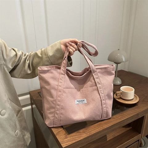 Bolso Tote de Pana de Gran Capacidad para Mujer Nueva Moda Minimalista Color Sólido Casual Bolso de Hombro para Desplazamientos Escuela Trabajo Bolso de Mano