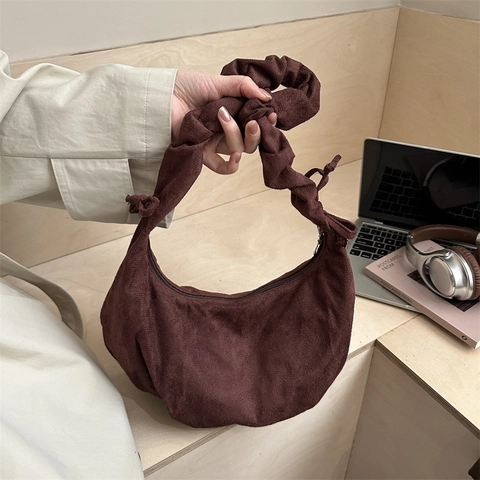 Damen Ruched Hobo Bag Wildleder Pleated Schultergurt Mit Schleife Minimalist Retro Crescent Tote Für Winter
