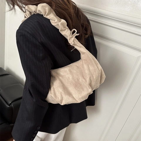 Damen Ruched Hobo Bag Wildleder Pleated Schultergurt Mit Schleife Minimalist Retro Crescent Tote Für Winter