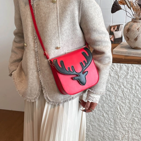 Women Fashion PU Leather Reindeer Head Crossbody Bag Christmas Holiday Single Shoulder Small Square Bag Festive Contrast Color Messenger Purse