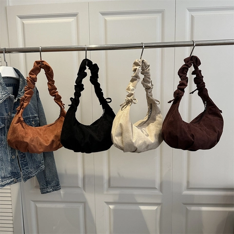 Vintage Wildleder Faltenschultergurt Hobo Tasche Geplisselte Schultertasche Mit Schleife Große Kapazität Damen Handtasche