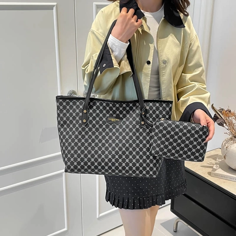 Dames PU Lederen Tote Bag En Tasje Met Geometrische Monogram Print Grote Capaciteit Dagelijks Gebruik Vintage Eenvoudige Handtas