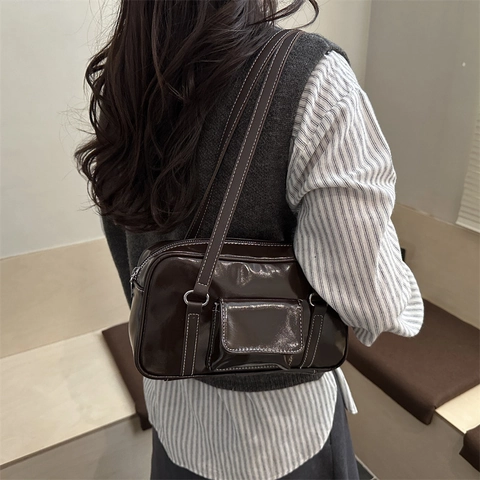 Borsa a Spalla Sottobraccio da Donna in Pelle PU Vintage Retro Cuciture a Contrasto Tasca Frontale per Pendolarismo Quotidiano