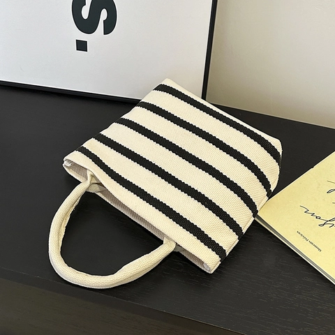Striped Canvas Handbag Mini Tote Bag Composite Fabric Casual Korean Style Simple Handheld Purse For Women