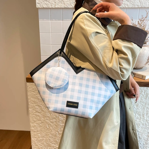 Grid Checkerboard Tote Bag For Women PU Leather Large Capacity Shoulder Bag With Mini Round Coin Pouch Fashion V Opening Commuting Handbag