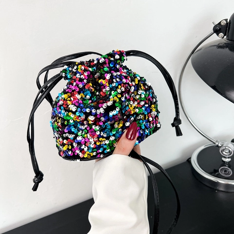 Women Shiny Sequin Drawstring Bucket Bag Fashion Shimmering Shoulder Crossbody Bag For Party Street Dating Glamorous Purse