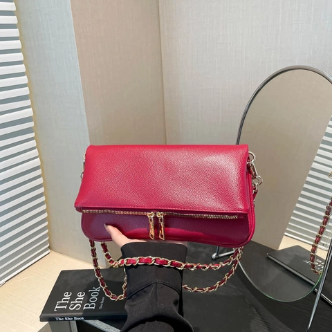 Fashion Women PU Litchi Texture Underarm Bag Chain Shoulder Crossbody Bag With Double Zipper Minimalist Solid Color Purse