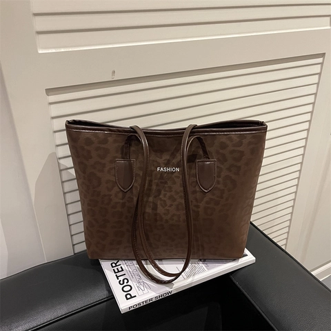 Vintage Leopardenmuster Tote Bag Große Kapazität ai-Wildleder Umhängetasche Mode Brief Achseltasche Herbst Winter Damen Pendeltasche