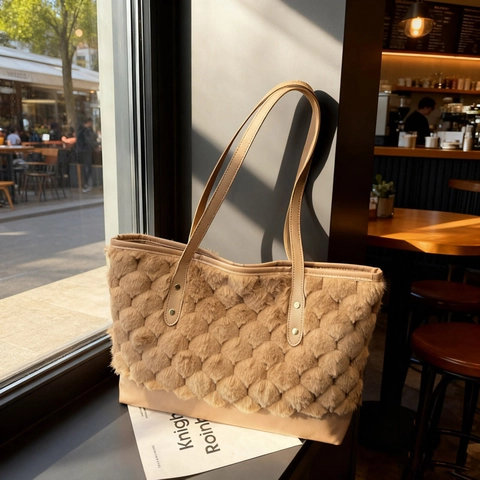 Bolso Tote de Peluche para Mujer Gran Capacidad Textura Burbujas 3D Bolso de Mano de Invierno Hombro Cuero Sintético Remaches