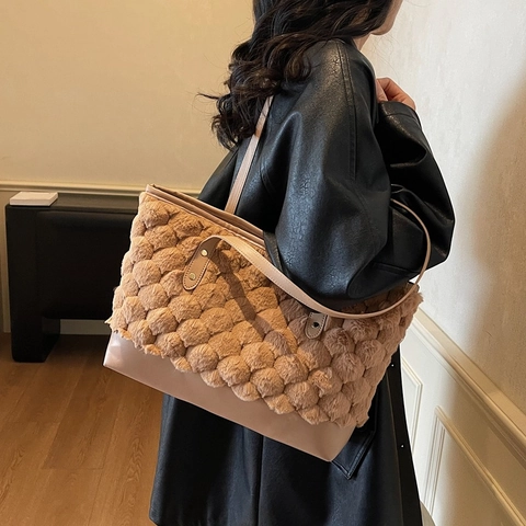 Bolso Tote de Peluche para Mujer Gran Capacidad Textura Burbujas 3D Bolso de Mano de Invierno Hombro Cuero Sintético Remaches
