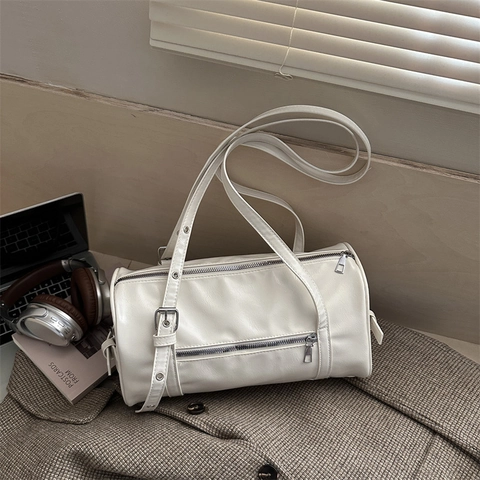 Vintage PU Leather Barrel Shoulder Bag For Women Large Capacity Solid Color Tote Bag With Silver Hardware Casual Commute Bag