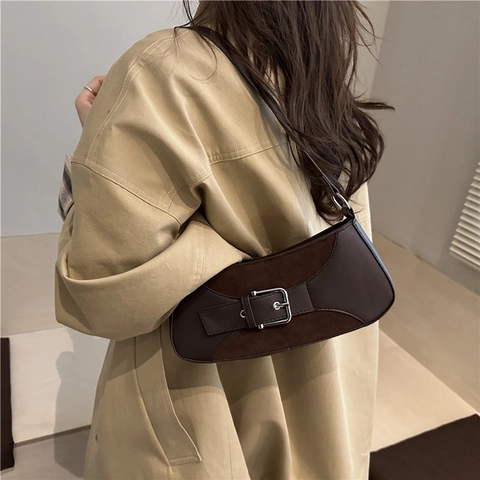 Vintage Damen Schultertasche PU Leder Wildleder Patchwork Baguette Unterachsel Tasche Metallschnalle Mode Casual Handtasche