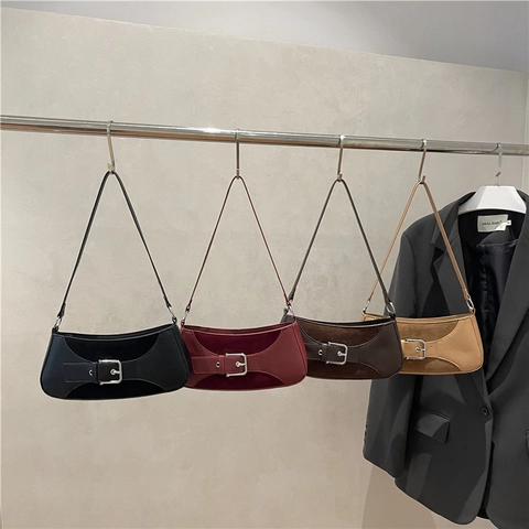 Dames Retro Onderarm Baguette Tas Splicing PU Leer Chique Zilveren Gesp Minimalistische Schoudertas Dagelijkse Street Style