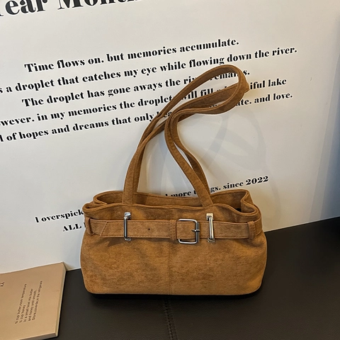 Bolso de Axila de Gamuza Retro para Mujer Bolso de Hombro de Color Sólido Con Hebilla Elegante Bolso de Mano Otoño Invierno