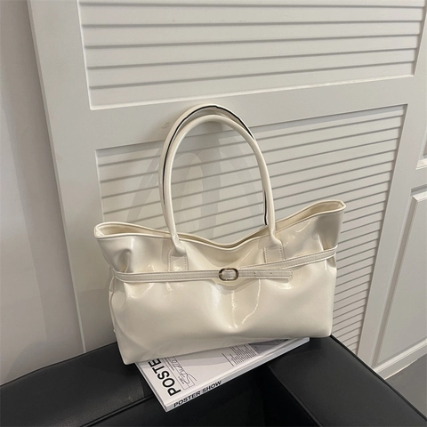 Bolso Tote de Cuero PU Brillante Vintage para Mujer Gran Capacidad Bolso de Hombro Elegante Retro Color Sólido Bolso de Viaje