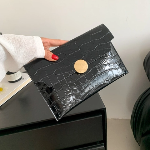Pochette Enveloppe Pour Femmes Motif Crocodile Cuir PU Boucle Ronde Dorée Sac À Main Élégant Pour Soirée