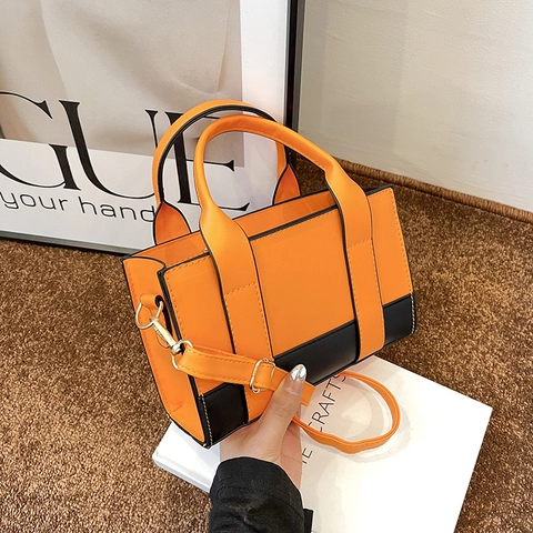 Bolso De Hombro Para Mujer Cuero PU Color Contraste Bolso De Mano Con Correa Desmontable Moda Minimalista De Viaje