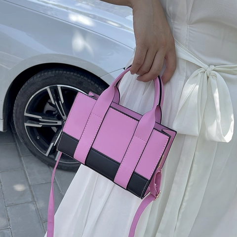 Bolso De Hombro Para Mujer Cuero PU Color Contraste Bolso De Mano Con Correa Desmontable Moda Minimalista De Viaje