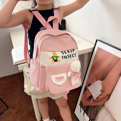 Zaino Scuola per Bambini Ragazzi Ragazze in Nylon con Stampa Orso Cartone Animato e Ciondolo Orsetto Peluche Zainetto Leggero