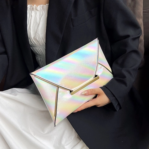 Women's Fashion Holographic Laser Envelope Clutch Bag PU Leather Handbag With Metal Trim For Party Daily Matching