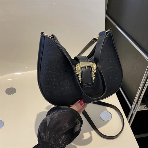 Petit Sac à Épaule Demi-Lune Rétro Motif Crocodile Femme Boucle Baroque Dorée Luxe Cuir PU Sac Bandoulière Hobo