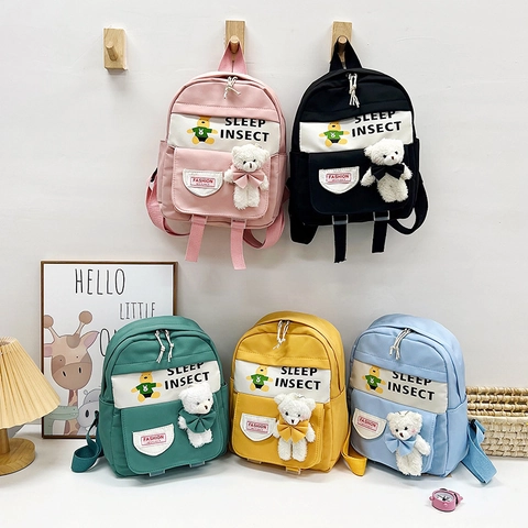 Zaino Scuola per Bambini Ragazzi Ragazze in Nylon con Stampa Orso Cartone Animato e Ciondolo Orsetto Peluche Zainetto Leggero