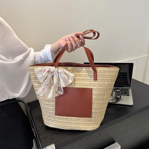 Borsa Tote in Paglia Intrecciata di Moda per Donna Borsa a Spalla di Grande Capacità Con Fiocco in Pizzo Ricamato e Patchwork in Pelle PU Borsa da Spiaggia