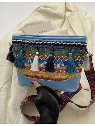 Bohemian Ethnic Tassel Shoulder Bag For Women PU Leather Woven Crossbody Bag With Wide Embroidered Strap Retro Square Bag