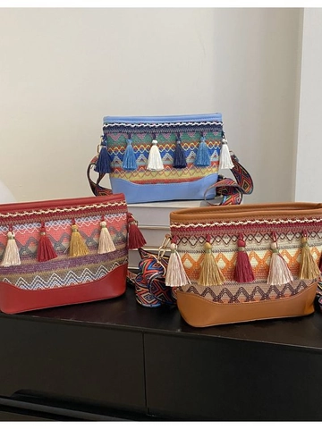 Bohemian Ethnic Tassel Shoulder Bag For Women PU Leather Woven Crossbody Bag With Wide Embroidered Strap Retro Square Bag
