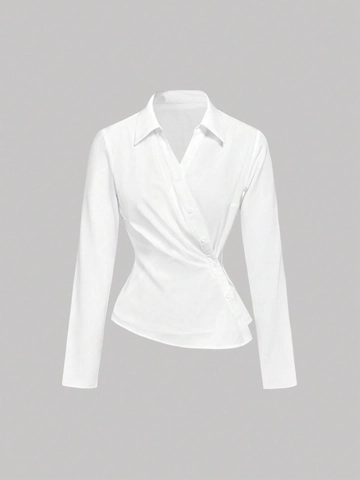 Camisa de Mujer Blanca Manga Larga Cintura Ceñida Blusa de Envoltura Asimétrica Elegante Solapa Top de Poliéster Color Sólido