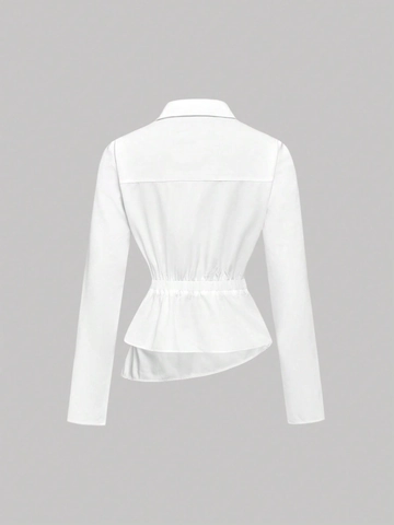 Camisa de Mujer Blanca Manga Larga Cintura Ceñida Blusa de Envoltura Asimétrica Elegante Solapa Top de Poliéster Color Sólido