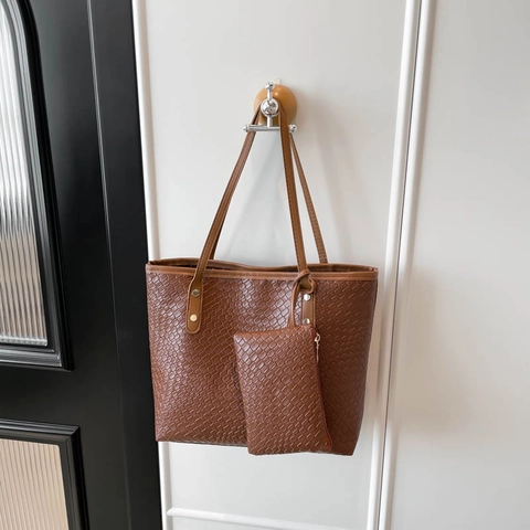 Ensemble Sac Fourre-tout Femme Texture Tissée Grande Capacité Avec Pochette Assortie Sac à Bandoulière Casual en Cuir PU