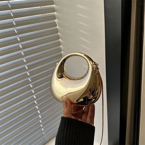 Borsa a Mano da Donna Mini a Mezzaluna con Effetto Specchio Metallico Tracolla a Catena in Acrilico per Feste e Serate