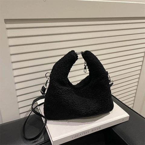 Bolso De Mano De Felpa Para Mujer Bolso Hobo De Piel De Oveja Con Correa Ajustable Color Sólido Invierno Otoño Minimalista