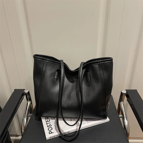 Women Fashion PU Leather Large Capacity Tote Bag Minimalist Urban Simple Shoulder Handbag Retro Daily Commute Solid Color Bag