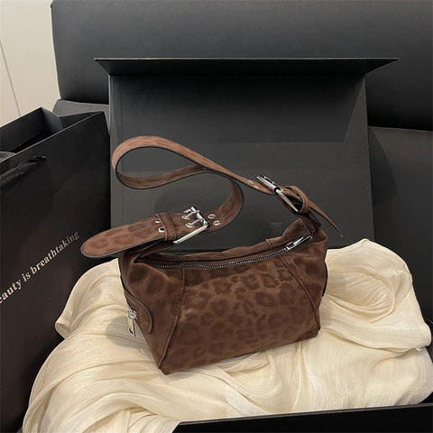 Borsa Sottoascellare da Donna Retrò con Stampa Leopardata Hobo a Spalla in Tessuto Scamosciato con Fibbia Regolabile Tote