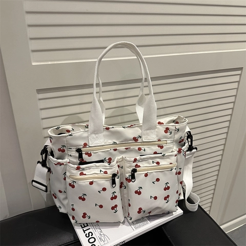 Dames Nylon Draagtas Met Kersendruk Grote Capaciteit Multi-pocket Schoudertas Casual Stijlvolle Handtas Voor Dagelijks Gebruik