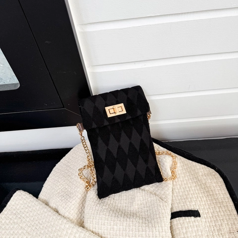 Borsa per Cellulare da Donna in Peluche Trapuntata Vintage Tracolla a Catena Dorata Piccola Borsa Quadrata con Chiusura in Metallo