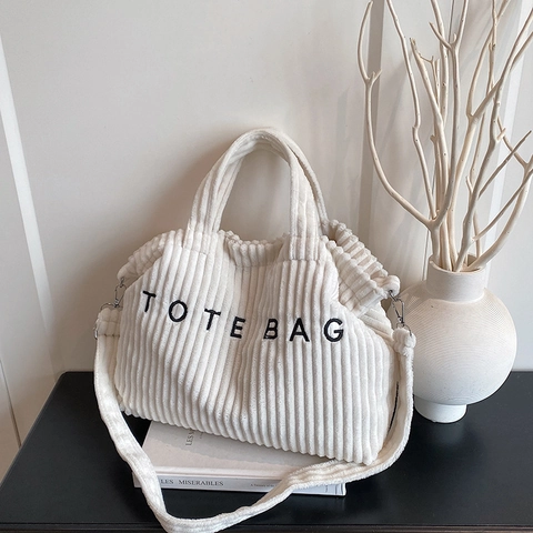 Women Casual Corduroy Tote Bag Large Capacity Shoulder Bag With Letter Embroidery Vintage Style Handbag For Daily Use