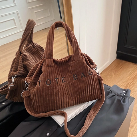 Women Casual Corduroy Tote Bag Large Capacity Shoulder Bag With Letter Embroidery Vintage Style Handbag For Daily Use