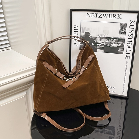 Große Kapazität Wildleder Tragetasche Vintage Damen Schultertasche Casual Hobo Bag Verstellbarer Gurt Urban Minimalistisch Weiche Handtasche