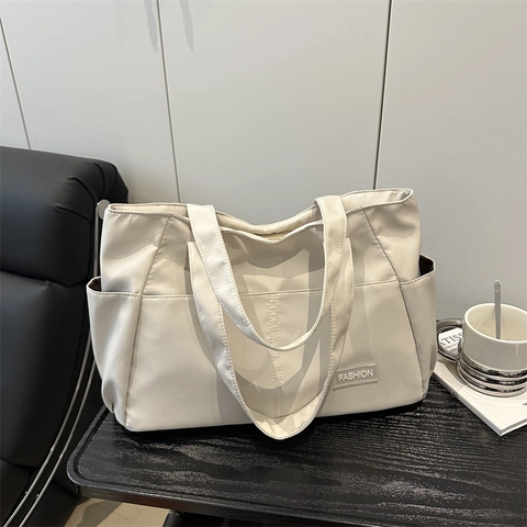 Women Large Capacity Nylon Tote Bag Lightweight Multi Pocket Shoulder Handbag For Commute Travel Casual Office Solid Work Bag