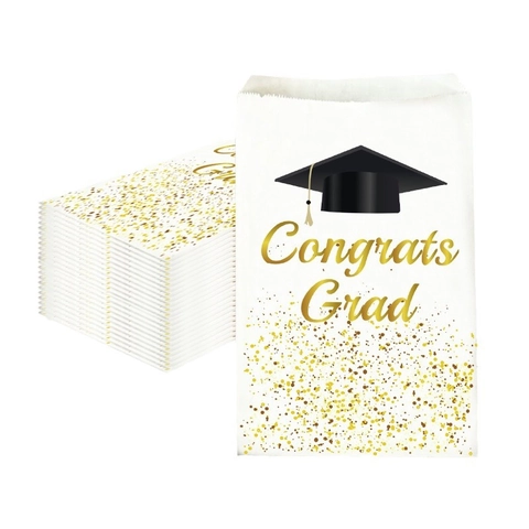 Graduation Party Gift Bag White Kraft Paper With Gold Glitter Congrats Grad Print And Black Mortarboard Icon