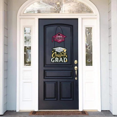 Graduation Door Sign Hanging Decoration Paper Cardboard Mortarboard Cap Design Gold Glitter Congrats Grad Tassel Party Decor