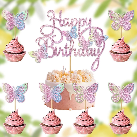 Schmetterling Happy Birthday Kuchendekoration Stecker Set 3D Hohl Glitzer Doppelschicht Papier Kuchen Fahnen Für Geburtstag