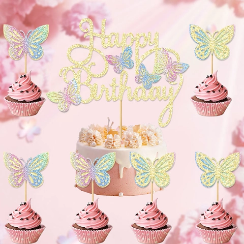 Schmetterling Happy Birthday Kuchendekoration Stecker Set 3D Hohl Glitzer Doppelschicht Papier Kuchen Fahnen Für Geburtstag
